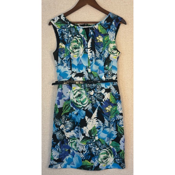 Ellen Tracy Dresses & Skirts - Ellen Tracy Size 6 Blue Green Floral Sheath Dress Sleeveless Belted Lined